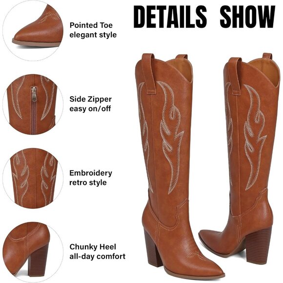 Women's Brown Pu Rhinestones Embroidered Pointed Toe Chunky Heel Knee High Boots - Picture 4 of 7